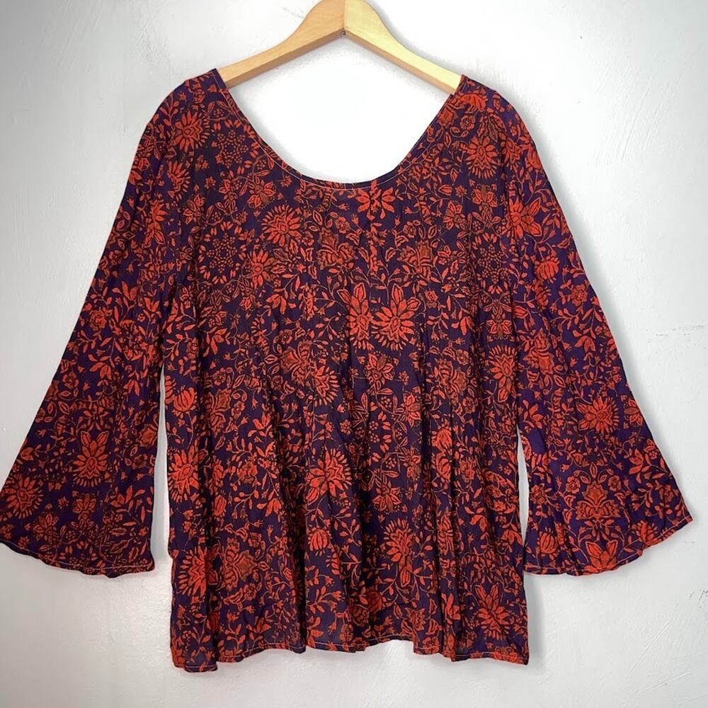 ONeill Peasant Top Size Medium Navy Orange Dark Floral Gauze Boho Prairie Earthy